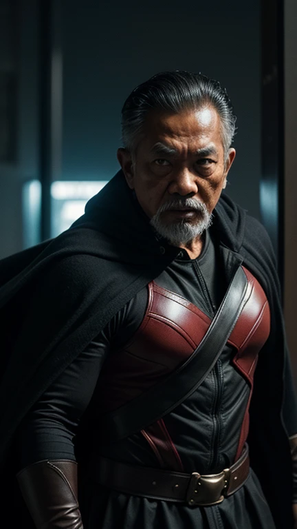 Picture a bustling cityscape where chaos ensues as a villain wreaks havoc. Suddenly, a Malay old man emerges, donning a traditional superhero costume with a modern twist. His cape billows behind him as he soars through the air, ready to confront the villain and protect the city from harm, 28mm lense, extreme close up shot, muted color grading, depth of field cinematography, a thriller film style, high quality, ultra detail, 8k resolution