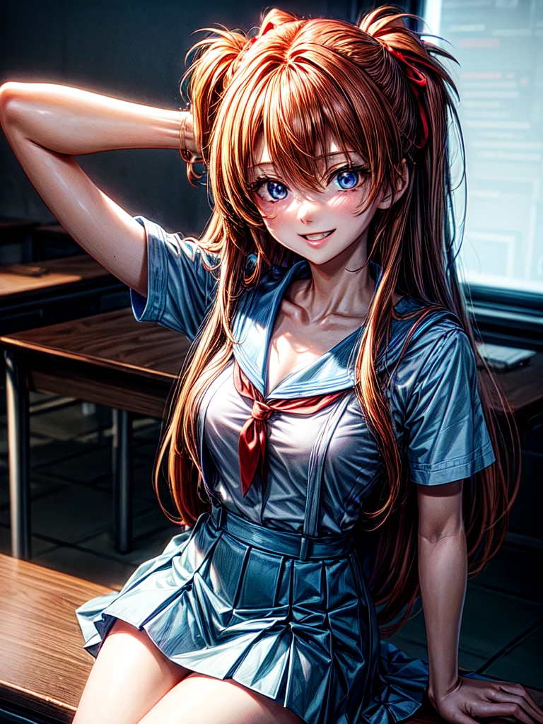 （8k, highest quality, Pieces fly:1.2)、Ultra-high resolution、anime,1 very pretty girl,Asuka Langley,Highly detailed face, Fine grain,blue eyes,,White sailor collar plain short sleeve shirt,Light blue skirt,Light Blue Suspenders,uniform_Red ribbon,Orange Hair,Long Hair、Detailed hand and fingers,put your hands in your hair,Grin、sitting on desk,Shooting from the sky,classroom