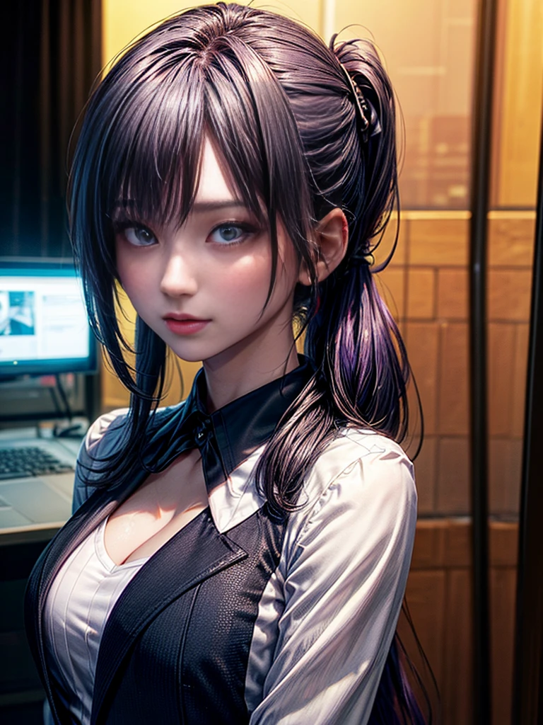 Beautiful woman, 25 years old, high ponytail, bright purple hair (like bright silver), perfect purple hair, Beautiful breasts, (Realistic skin),elegant upper class wearing a black pantsuit, black jacket, white shirt, cleavage visible, black pumps, and a business shirt. Elite secretary, working in the office, wearing a strict business suit, pantsuit style, wearing luxury high heels, girl wearing a shirt, wearing a business suit, wearing a business suit, black nail art, business Wearing a suit, Businessman, Business clothes, Wearing a black business suit, Wearing a white shirt and black jacket, Woman in a business suit, Business suit, Business attire, Raw photo, (8K, highest quality, Masterpiece: 1.2), (Complex Detail: 1.4), (Photoreal: 1.4), Octane Rendering, Complex 3D Rendering Super Detail, Studio Soft Light, Rim Light, Vibrant Detail, Super Detail, Realistic Skin texture, surface details, beautifully detailed eyes, highly detailed CG Unity 16k wallpaper, supplement, (detailed background:1.2),pony tail