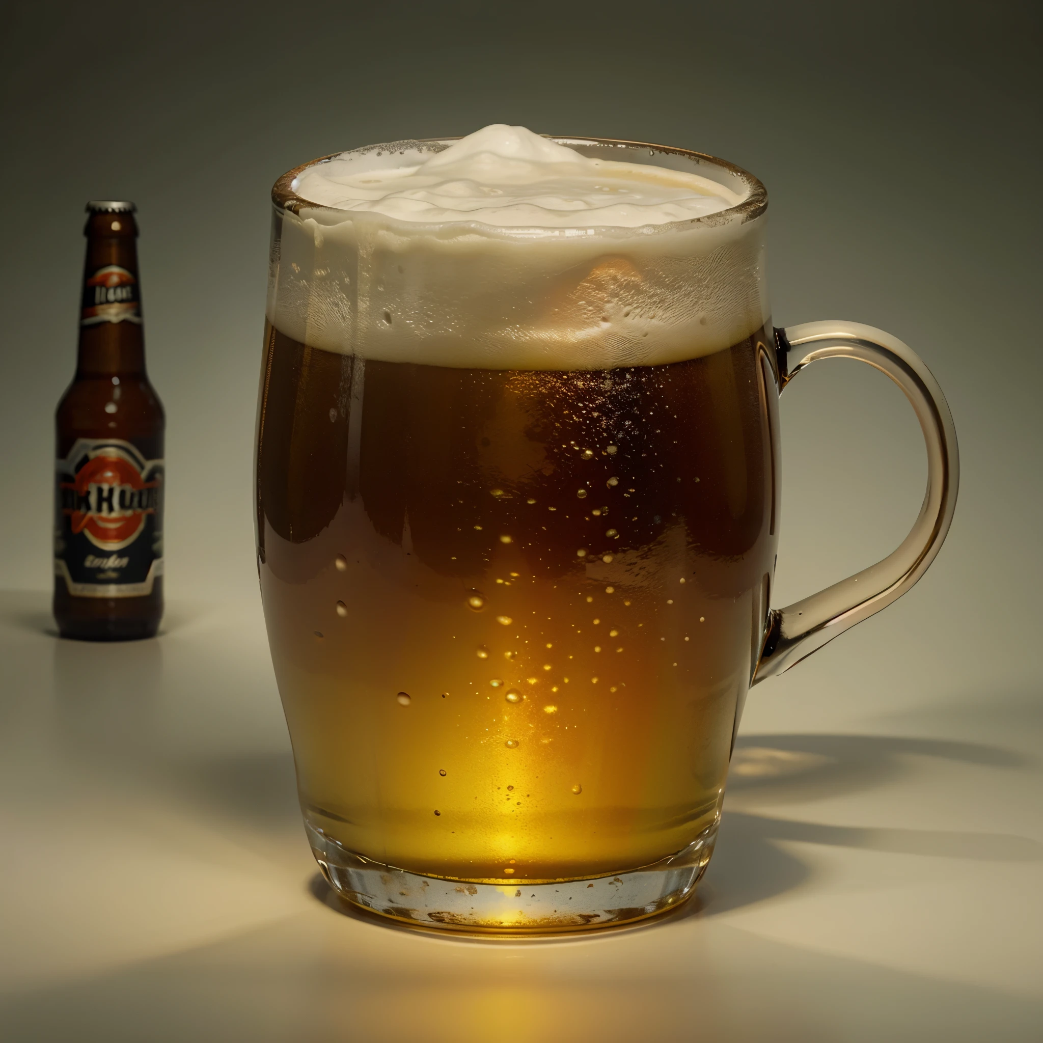Photo of glass mug with beer, overflow foam on top isolated on white background