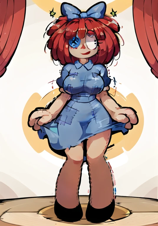 masterpiece, best quality, highres), absurdres, Ragatha, hair bow, short sleeves, dress with patches, short hair, button eyepatch, (circus, geometric shapes, checker board floor), happy, smile, gigantic breasts, wide hips
