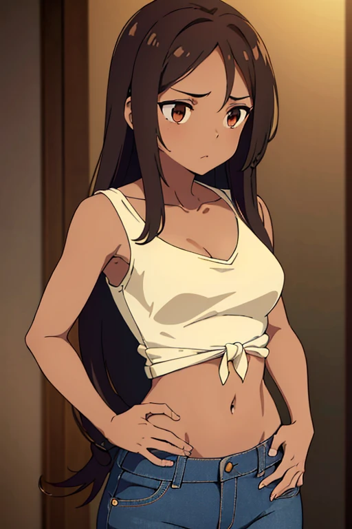 ((best quality)), ((masterpiece)), (detailed), perfect face, brown skin anime girl in a deep v neck t-shirt tie front crop top with cross wrap bandage design, (bare shoulders), (jeans trousers), famished in hunger, (gently resting hands on stomach), (long hair), (hands on her stomach)
