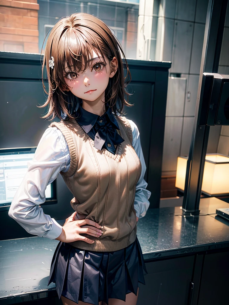 Masterpiece, Top Quality, Top Mikoto, brown eyes, short hair, small breasts, looking at viewer, alone, closed mouth, collared shirt, beige knit vest, dark blue Skirt, school_uniform, shirt, white_shirt, classroom,Masterpiece, highest quality, 8K, detailed skin texture, fine cloth texture, beautiful detailed face, intricate details, super detailed,cute,cute posing,composition that shows the whole body,