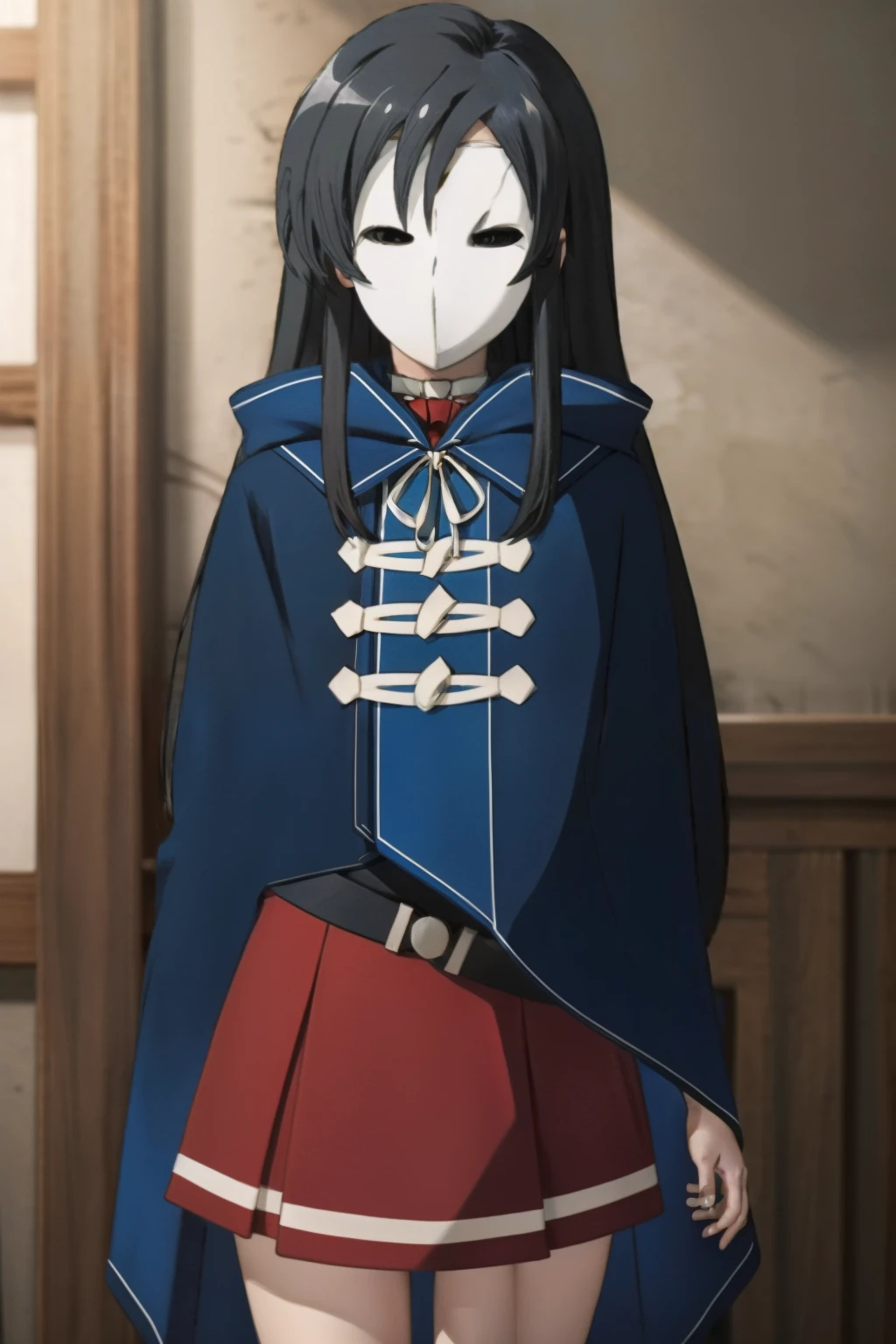 ä ̧ƒæ ̃Ÿé Tméã ™,Iris,Black Hair,Long Hair,bangs,Side Lock,very Long Hair,White Mask,
Pleated skirt,Red Skirt,Blue Cape,Black belt,Long sleeve,ストライプのribbon,Red Bow,bow tie,ribbon,Wide sleeves,, Amazing visuals, High resolution,masterpiece,highest quality,