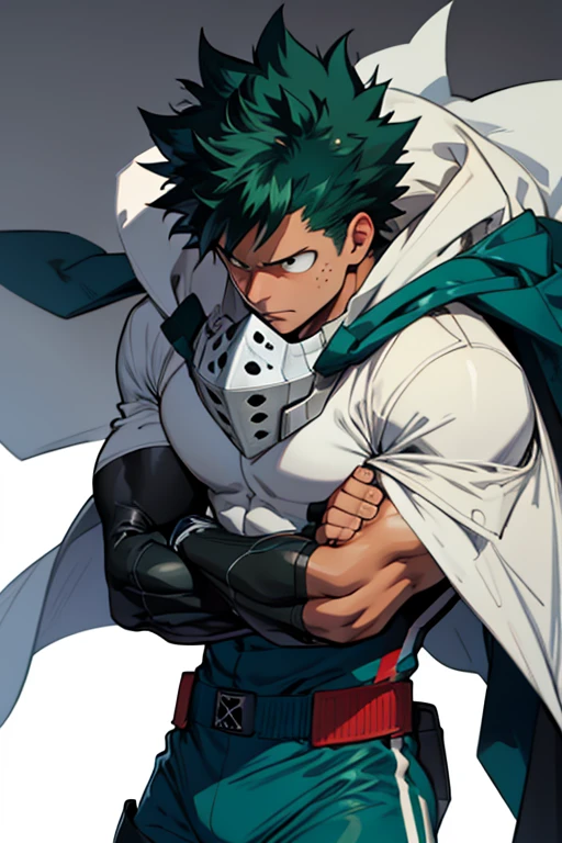 Un Izuku Midoriya con la musculatura de All Might , With toned and robust muscles, His strength and endurance would be unmatched.. His All Might-inspired suit would be a perfect combination of style and functionality., with the characteristic design in the shape of "Y" en el pecho y los colores verde, negro y blanco decorando su uniforme. The cape billowing behind him would add a touch of majesty to his appearance., making it look even more impressive