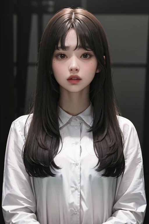 masterpiece, best quality, (dark photo:1.3), photorealistic, 1girl, flat bangs, stunning innocent symmetry face, shirt, emotional, ulzzang, (PureErosFace_V1:0.7)