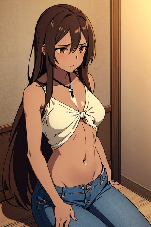 ((best quality)), ((masterpiece)), (detailed), perfect face, brown skin anime girl in a deep v neck shirt tie front crop top with cross wrap bandage design, (bare shoulders), (jeans trousers), famished in hunger, (gently resting hands on stomach), (long hair), (hands on her stomach), (slim woman), (shiny skin), (shiny arms)