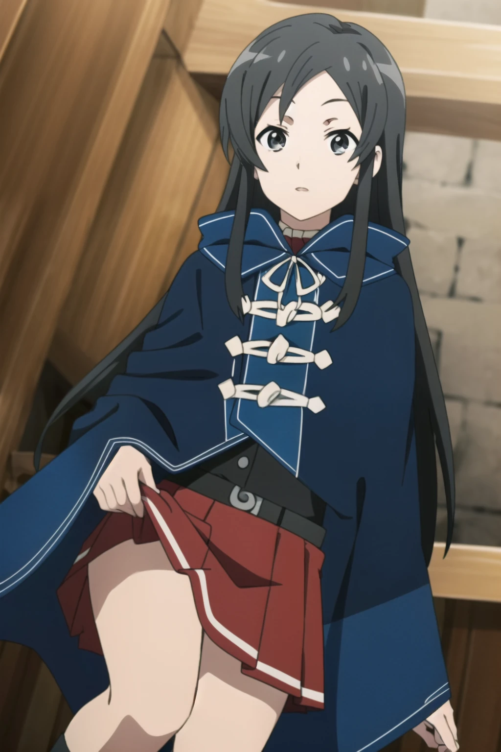 ä ̧ƒæ ̃Ÿé Tméã ™,Iris,Black Hair,Long Hair,bangs,Side Lock,very Long Hair,
Pleated skirt,Red Skirt,Blue Cape,Black belt,Long sleeve,ストライプのribbon,Red Bow,bow tie,ribbon,Wide sleeves,, Amazing visuals, High resolution,masterpiece,highest quality,