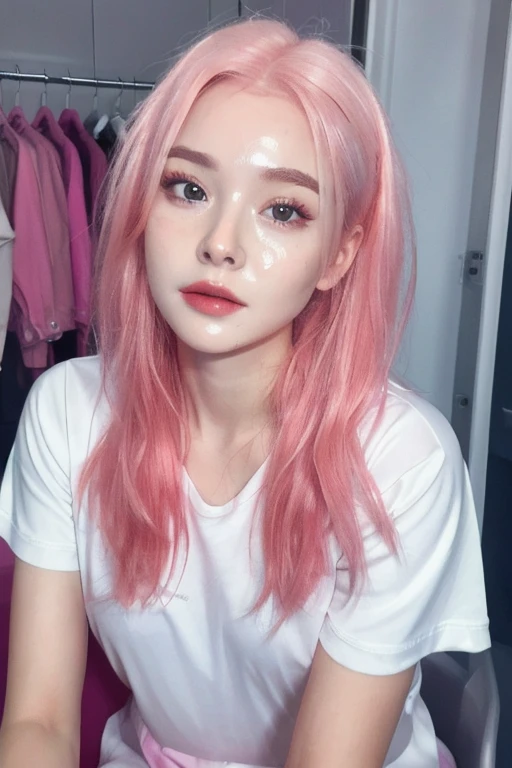 masterpiece,best quality,photo realistic,asda,face,1girl,head,thick lips, pink hair,sitting ,wet,shiny skin, mix4,