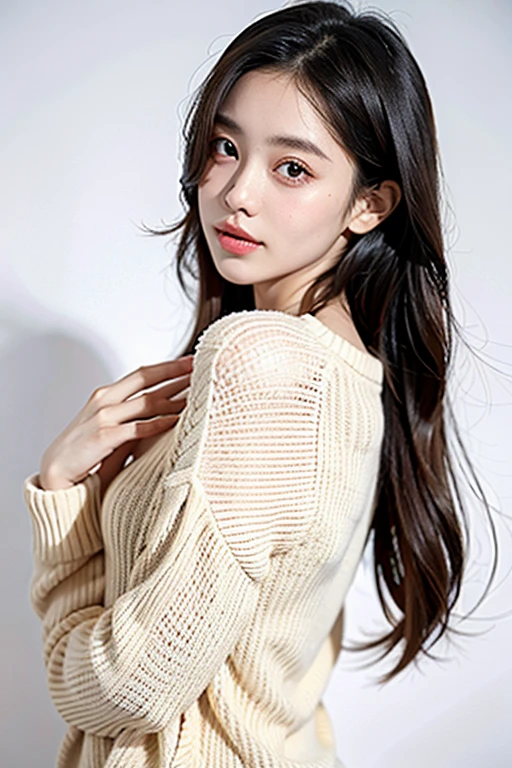 1girl,sweater,white background,