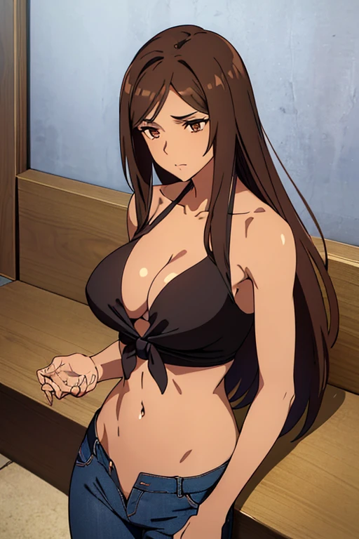 ((best quality)), ((masterpiece)), (detailed), perfect face, brown skin anime woman in a deep v neck shirt tie front crop top with cross wrap bandage design, (bare shoulders), (jeans trousers), famished in hunger, (gently resting hands on stomach), (long hair), (hands on her stomach), (slim woman), (shiny body), (shiny arms)