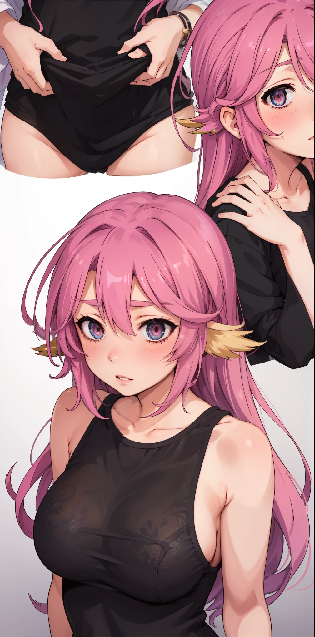 Jibril, ((upper body)), blushed, perfect anatomy, detailed eyes, detailed lips, extremely detailed eyes and face, vivid colors, sharp focus, masterpiece:1.2, ultra-detailed, blushed, ((doggystyle)), (solo), ((casual clothes)), sleeveless, ((((360 view)))).