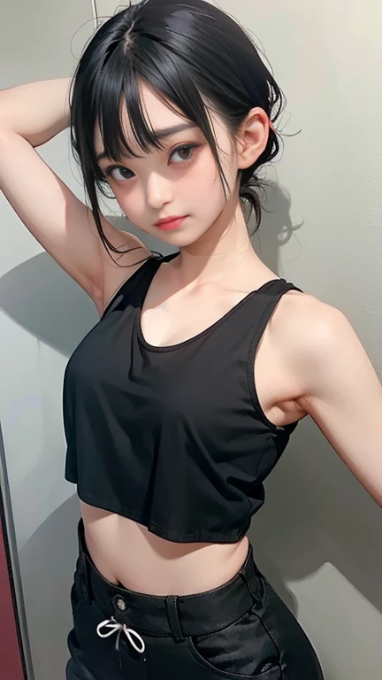 Adult, Cute woman, armpit, 22 yo, sweating armpit, wearing loose black transparent short mini tanktop, wrinkles armpits, chuby armpit, widely open side-boobs