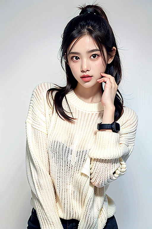 1girl,sweater,white background,