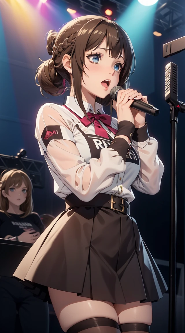 masterpiece, (best quality), 1woman,1girl,dark brown hair , blue eyes,very short under twin-tail hair,young woman ,french braid , best quality ,middle breasts,logo printed Ꭲ-shirts,mini skirt, full body:1.4,singing rock live stage,crying,red tieek,girls rock band,pank rock fashion stylish,
