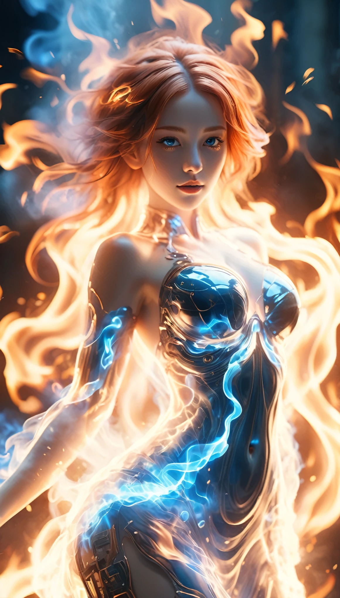 (theelementoffire:1.1),Composed of fire elements,(1个Giant Breast Girl:1.2),on fire,transparency,firey,(Molten rock),Flame skin,Flame print,fiery hair,smokes,clouds,Chopping,,A girl wrapped in flames, the flames soar and emit sparks,Burning hands,Translucent luminescence,Highly realistic,Beautiful posture,transparency,Sci-fi light effects,(Light-emitting circuit board:1.6),Long blue,