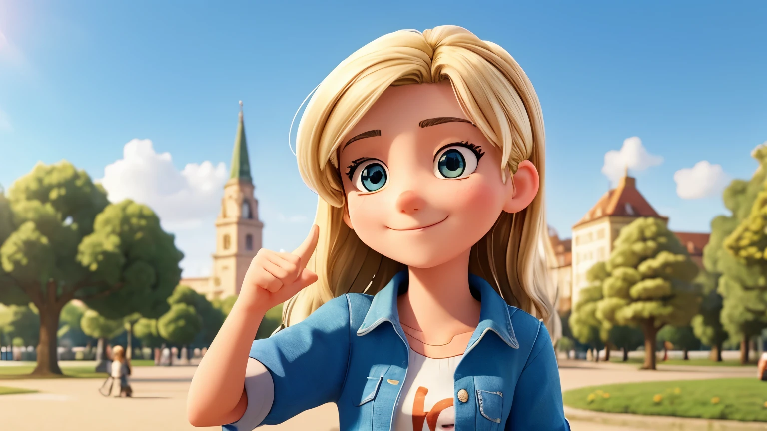 a 16-year-old european girl pointing her finger at her eyes, smiling, sunny day in a park