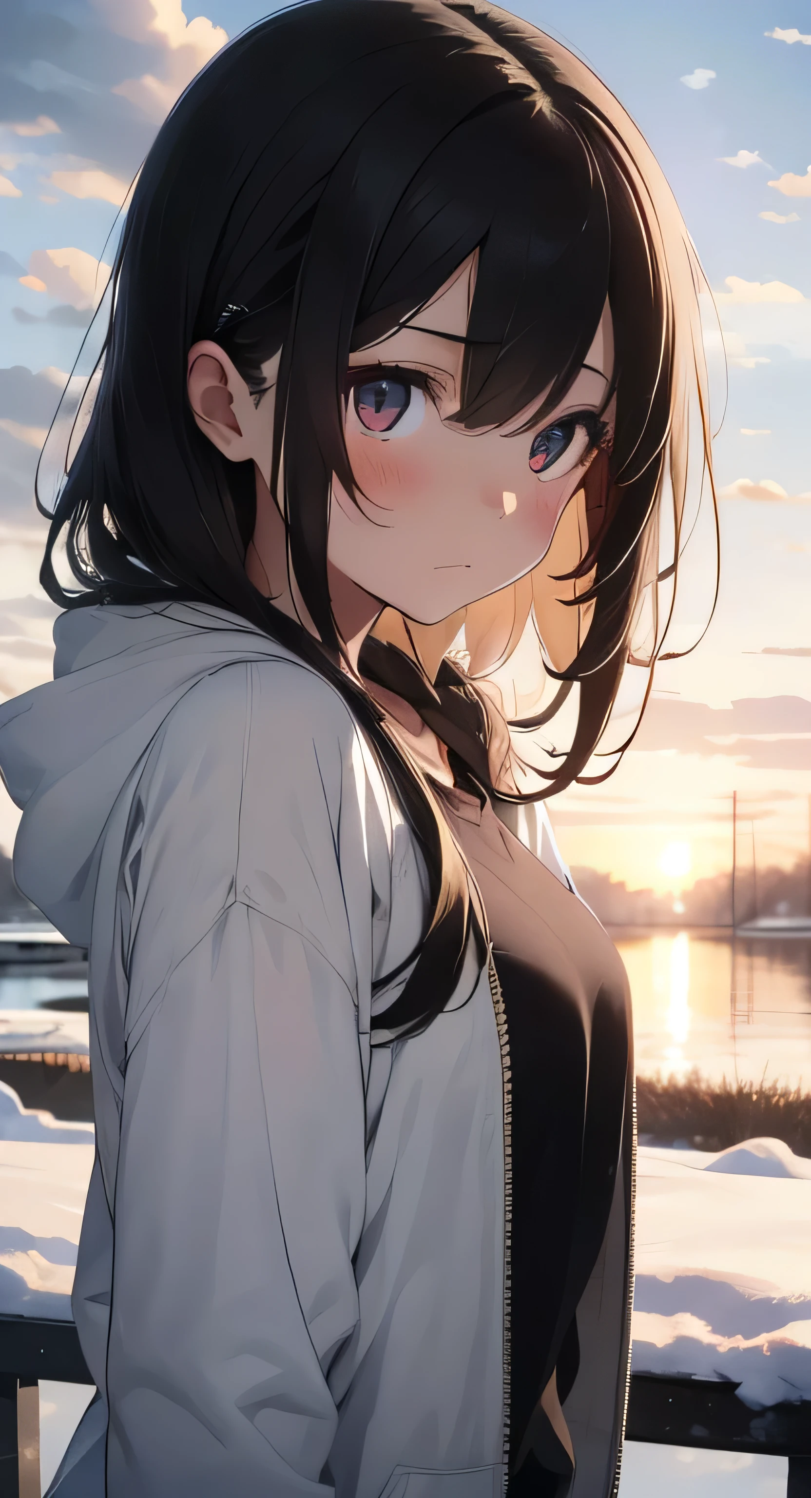 Generate an image of 1girl, long hair, who appears melancholic and sad but also sympathetic and transient in her expression, wearing an over-sized plain white hoodie with black shirt inside, the environment is covered in snow and skies are clouded, winter season, absurdres, high res, ultrasharp, 8K, masterpiece, Looking at viewer