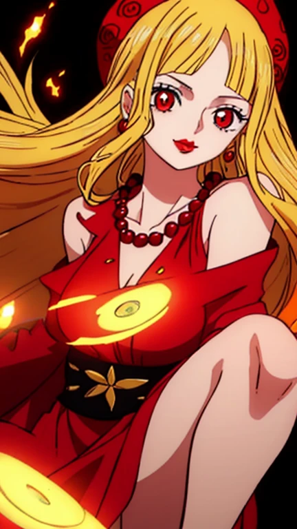 Beautiful anime girl, solo, 1girl, looking at viewer, cute,beautiful, red eyes, open hair, blonde hair, long hair, bangs, wearing a strawhat, wearing Monkey D luffy's strawhat, one piece, smiling, smooth skin, light skin, red lips, golden earings, anime, best quality, masterpiece, extremely detailed, 4k, red eyes, beautiful red eyes, detailed face, detailed eyes, red dress, golden necklace, fiery background, extremely beautiful,