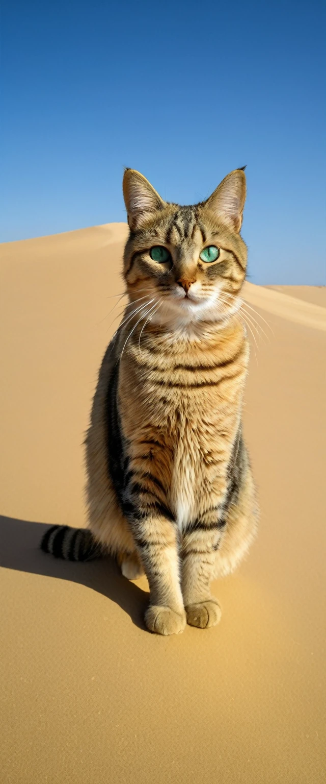 un chat en sable, yeux verts, marche, in the desert, sur du sable bleu ciel, Face to the camera 