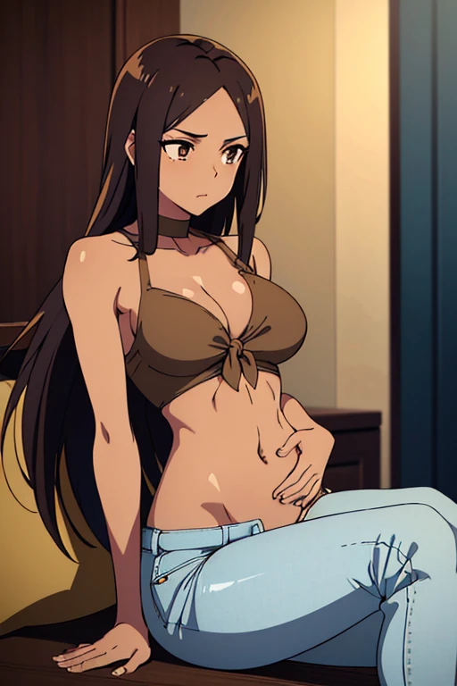 ((best quality)), ((masterpiece)), (detailed), perfect face, brown skin anime woman in a deep v neck tie front crop top, (bare shoulders), (jeans trousers), famished in hunger, (gently resting hands on stomach), (long hair), (hands on her stomach), (slim woman), (shiny body), (shiny arms)