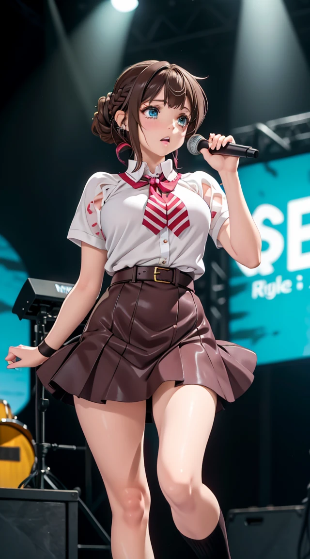 masterpiece, (best quality), 1woman,1girl,dark brown hair , blue eyes,very short under twin-tail hair,young woman ,french braid , best quality ,middle breasts,logo printed Ꭲ-shirts,mini skirt, full body:1.6,singing rock live stage,crying,red tieek,girls rock band,pank rock fashion stylish,
