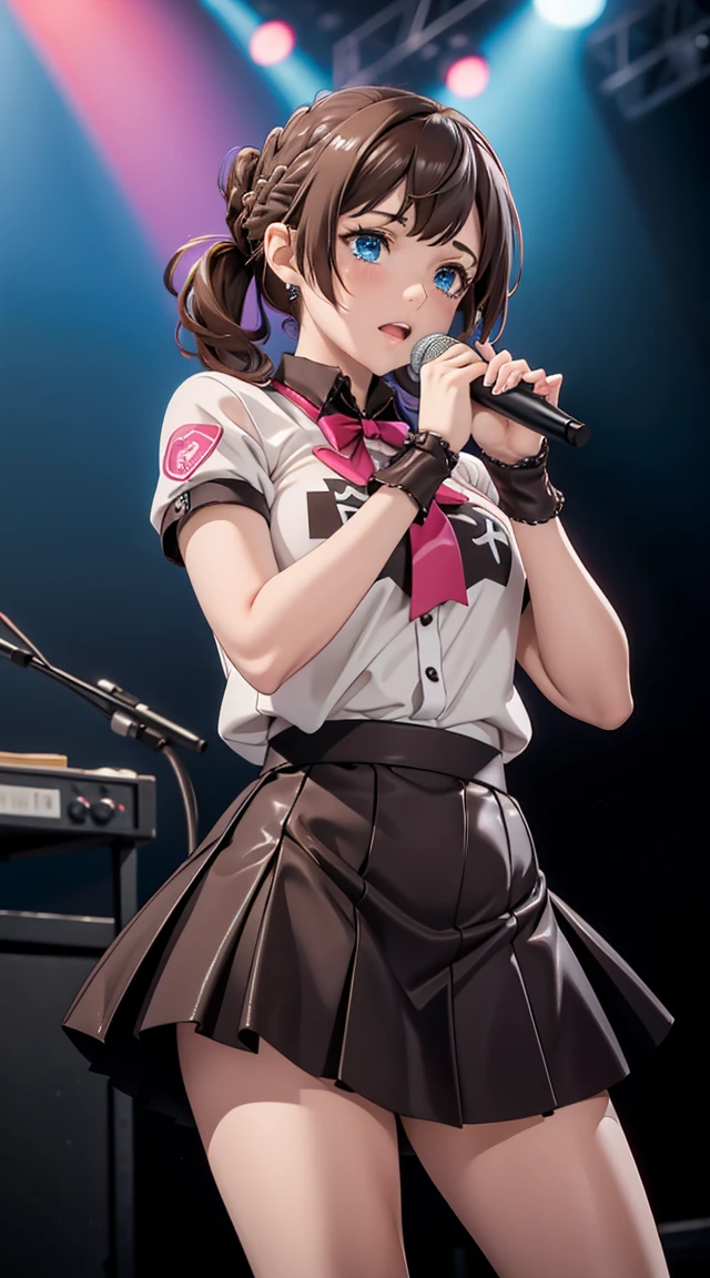 masterpiece, (best quality), 1woman,1girl,dark brown hair , blue eyes,very short under twin-tail hair,young woman ,french braid , best quality ,middle breasts,logo printed Ꭲ-shirts,mini skirt, full body:1.6,singing rock live stage,crying,red tieek,girls rock band,pank rock fashion stylish,
