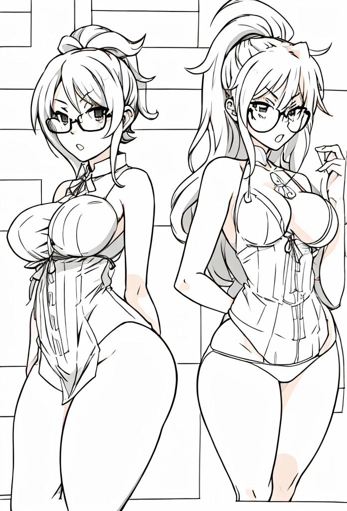 a drawing of a woman with glasses in a lingerie, seductive anime girl, thicc, (sfw) safe for work, beautiful alluring anime woman, bold lineart, looking like annie leonhart, thick lineart, clean lineart, perfect lineart, clean anime outlines, thick black lineart, simple lineart, intense line art, extremely fine ink lineart, sharp lineart, annie leonhart, thick outlines, variable lineart
