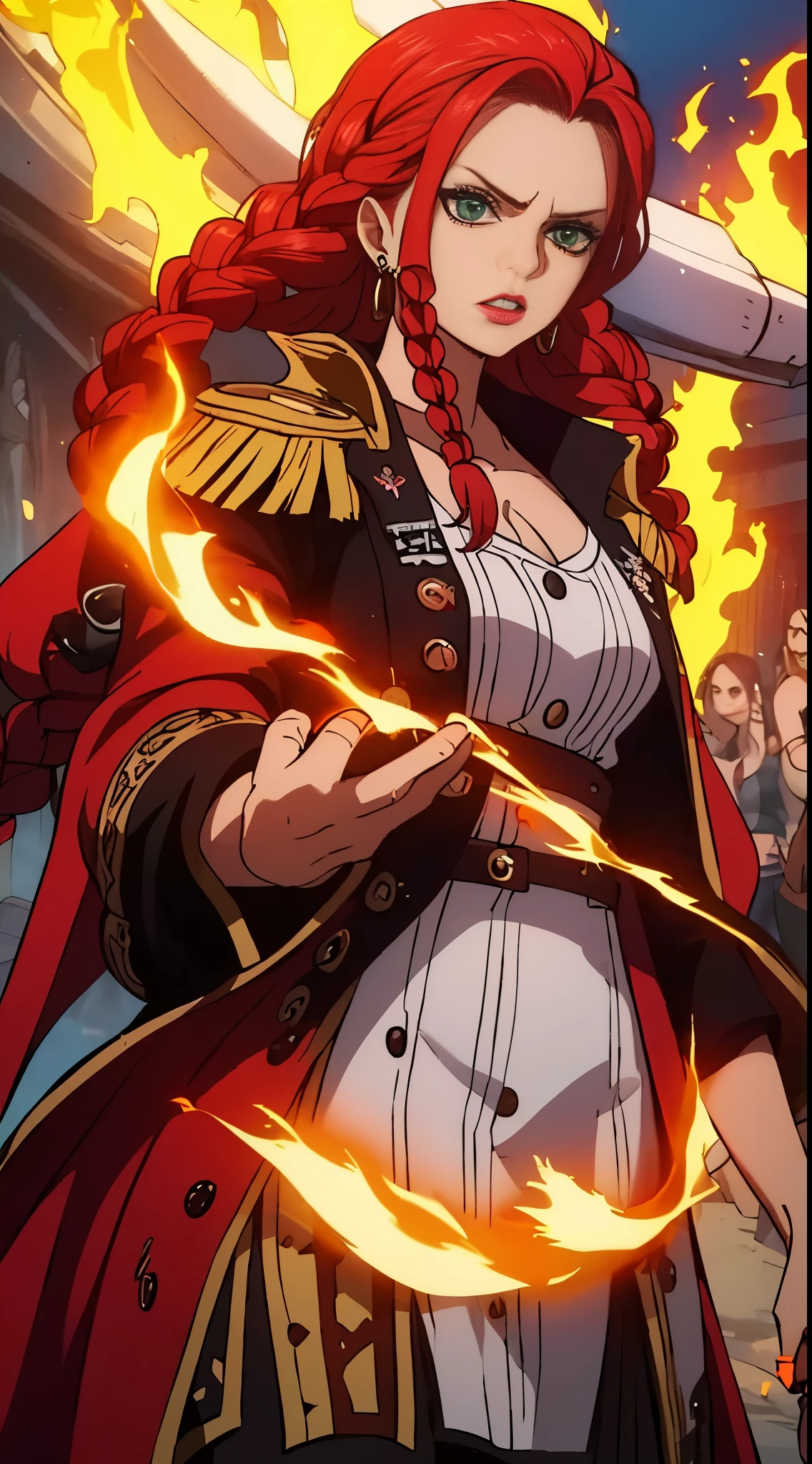 a fierce and formidable woman, standing tall with a commanding presence that demands respect from all who cross her path. Her fiery red hair is tied back in a practical braid, and her piercing green eyes seem to gleam with an inner fire. She dresses in practical yet stylish attire befitting her status as a pirate captain, adorned with trinkets and trophies from her many adventures.