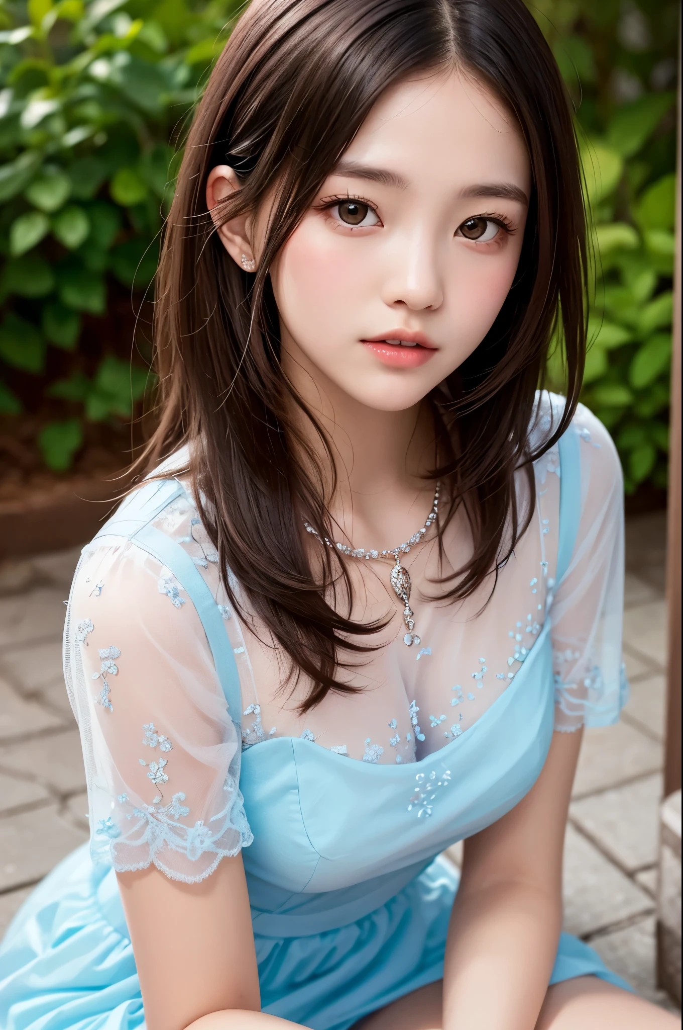 sheer spring dress, Hair Color, Sheer short skirt, Light tulle, (Close up on face)、Detailed and cute face、Smooth, soft and delicate skin、beautiful girl、Japanese、16 years old, (embarrassed:1.2) 、High resolution、8k、high quality, photorealistic, Beauty