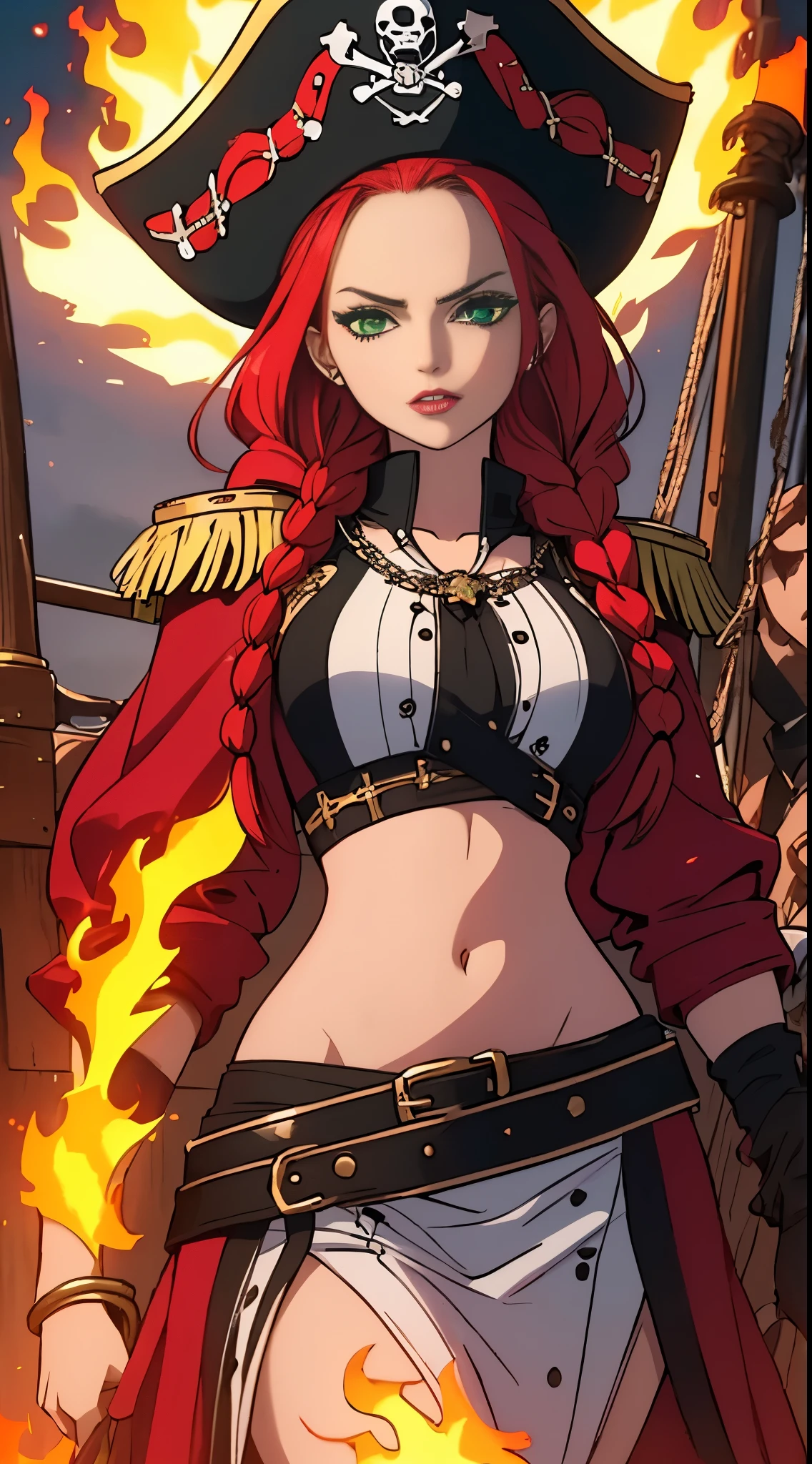 a fierce and formidable woman, standing tall with a commanding presence that demands respect from all who cross her path. Her fiery red hair is tied back in a practical braid, and her piercing green eyes seem to gleam with an inner fire. She dresses in practical yet stylish attire befitting her status as a pirate captain, adorned with trinkets and trophies from her many adventures.