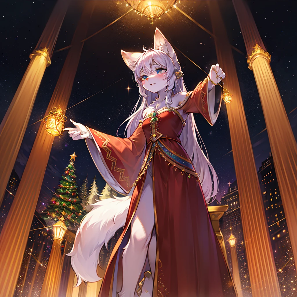 Unleash your imagination as you step into a fantastical magical realm, alive with dazzling contrasts and vibrant hues. Here, a seductively furry anthropomorphic wolf woman, adorned in Christmas-themed attire, stands confidently next to an impossibly tall Christmas tree. Her fur, a mesmerizing blend of white and silver, shimmers under the light. The tree's branches, bedecked in a whimsically starry backdrop, reach up towards the sky, brimming with twinkling baubles and sparkling tinsel. Playful light dances around them, casting a magical glow over the scene, capturing the essence