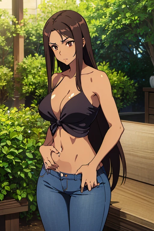 ((best quality)), ((masterpiece)), (detailed), perfect face, brown skin anime woman in a deep v neck tied top, (bare shoulders), (jeans trousers), famished in hunger, (gently resting hands on stomach), (long hair), (hands on her stomach), (slim woman), (shiny body), (shiny arms)