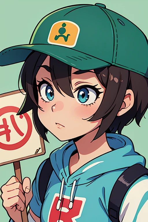 Close-up of a person wearing a ball cap and a sign, Photo by Ryusei Kishida, Pixiv, Rasquash, rei hiroe, Anime style”,