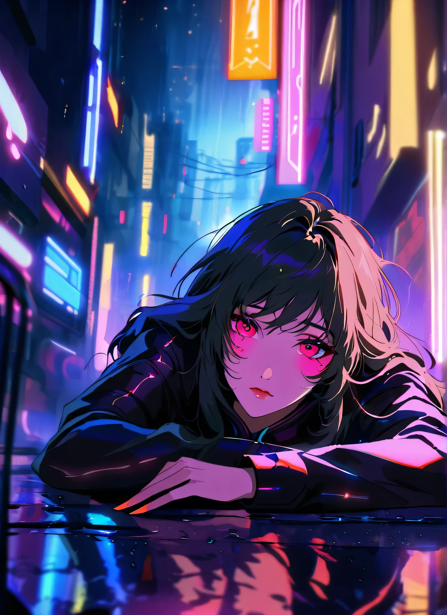(gorgeous passed out angel woman,beautiful detailed face,delicate features),(handsome man,attractive,masculine features,confident),(futuristic,sci-fi,cyberpunk style),dramatic lighting,rainy scene,neon lights,streets,cityscape,shadows,mysterious atmosphere,contrast,eerie,emotional,night scene,