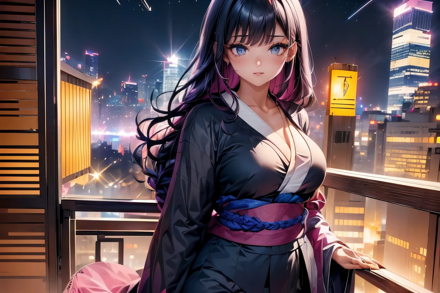 anime, (obra de arte, melhor qualidade, ultra-detalhado, alto contraste), 1 mulher (Sozinho, corpo todo, corpo plus size, standing on the edge of the skyscraper, cabelo prateado, CABELO LONGO E FLUXO, olhos vermelhos brilhantes de rubi, (Kimono preto, black cybernetics with neon pink), meias pretas transparentes), (skyscraper roof, com vista para uma cidade, fundo detalhado ((night time, Darkness, low light pollution)))