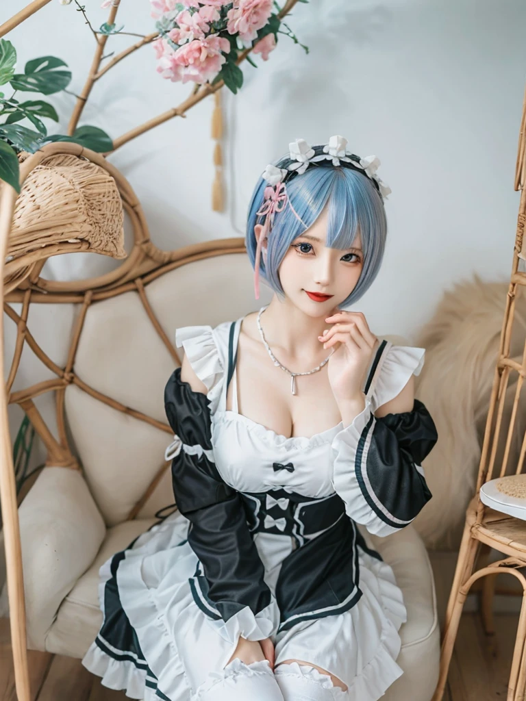 (8K, Photorealistic, Raw photo, of the highest quality: 1.3), (1girl in), Super beautiful, (Realistic face), (boyish, light blue Color Berry Shorthair),(8K, Photorealistic, Raw photo, of the highest quality: 1.3), (1girl in), Super beautiful, (Realistic face), (boyish, pink Color Berry Shorthair), Beautiful , Glare that captivates the viewer, Beautiful expression, Beautiful breasts, (Realistic skin), Be...Create a detailed and colorful image of Ram and Rem from Re:Zero, standing back-to-back in their maid outfits, with a magical fantasy background、14years old, two girls,cute, perfect face, beautiful, nice body, gothic lolita clothes, gothic lolita fashion, frilly skirt, headdress, necklace, bracelet, knee-high socks, boots, double eyelids, tear bags, Detailed down to the fingers, photo-like description, indoors, dim indoor lighting, one girl is pink hair and short bob, another girl is light blue hair and short bob,standing, whole body, composition that shows the whole body, smiling,The Both of them are wearing the same type of maid outfit
