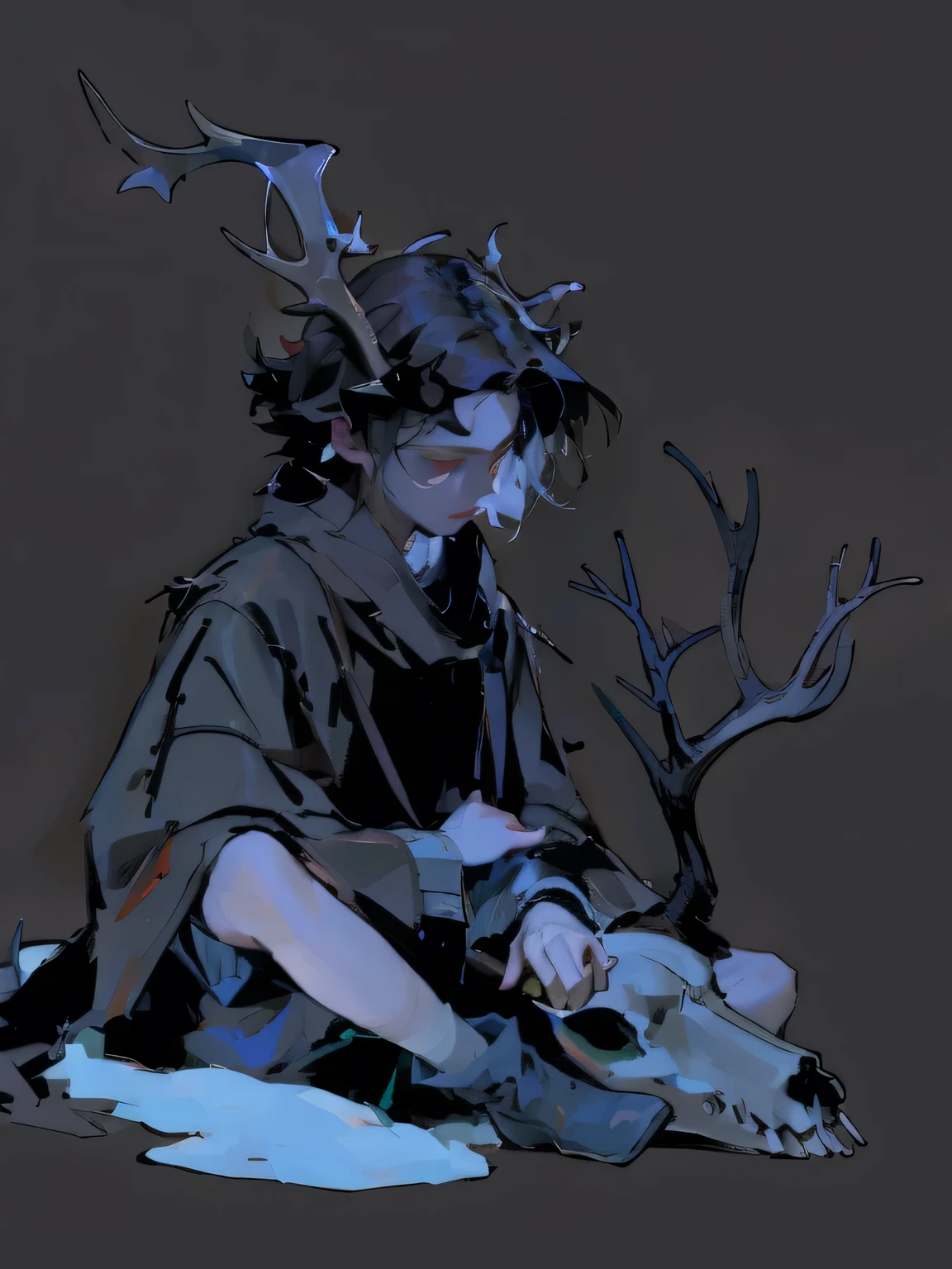 (masterpiece, Best quality), ((1 boy)), Beauty, dramatic, Black tone, BREAK Underexposed lighting, undead, Antler, the boy is cold, cold, sitting in the snow