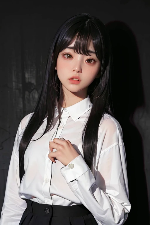 masterpiece, best quality, (dark photo:1.3), photorealistic, 1girl, flat bangs, stunning innocent symmetry face, shirt, emotional, ulzzang, (PureErosFace_V1:0.7)
