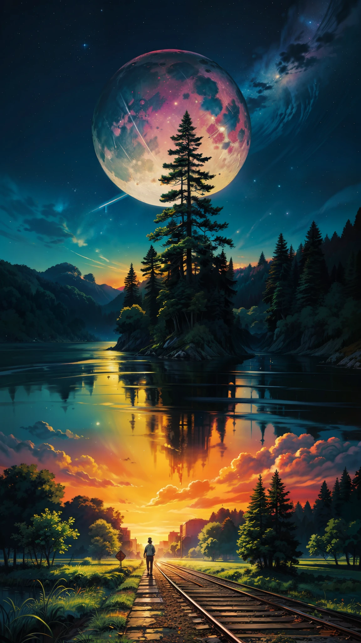 (papel de parede extremamente detalhado da unidade CG 8k), a obra de arte mais bonita do mundo , obra de arte, trilho de trem, trains station, perfeitamente detalhado, water on the tracks, bright starry sky, arte conceitual, arte lofi style, reflection, arte lofi, Paisagem de anime, detailed scenery, detalhes aprimorados. chill style, nobody, only landscape, galaxy sky, sunset, Rainbow, rainbow, an extremely large moon in the landscape sky