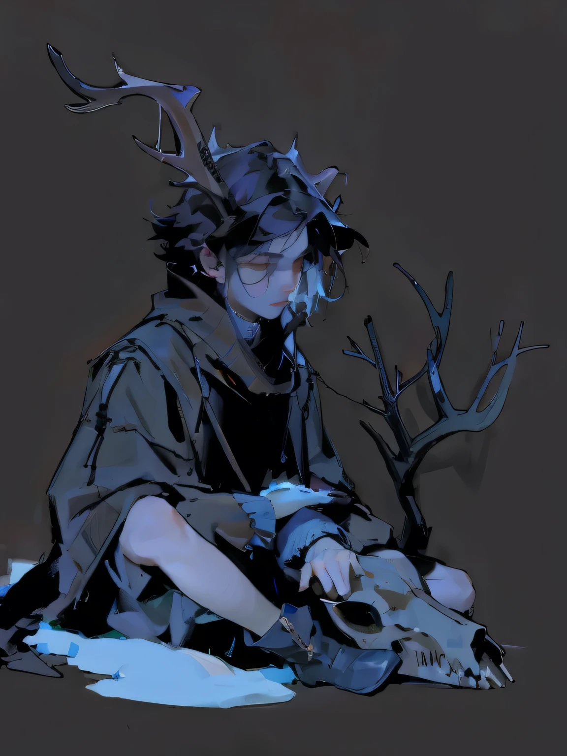 (masterpiece, Best quality), ((1 boy)), Beauty, dramatic, Black tone, BREAK Underexposed lighting, undead, Antler, the boy is cold, cold, sitting in the snow