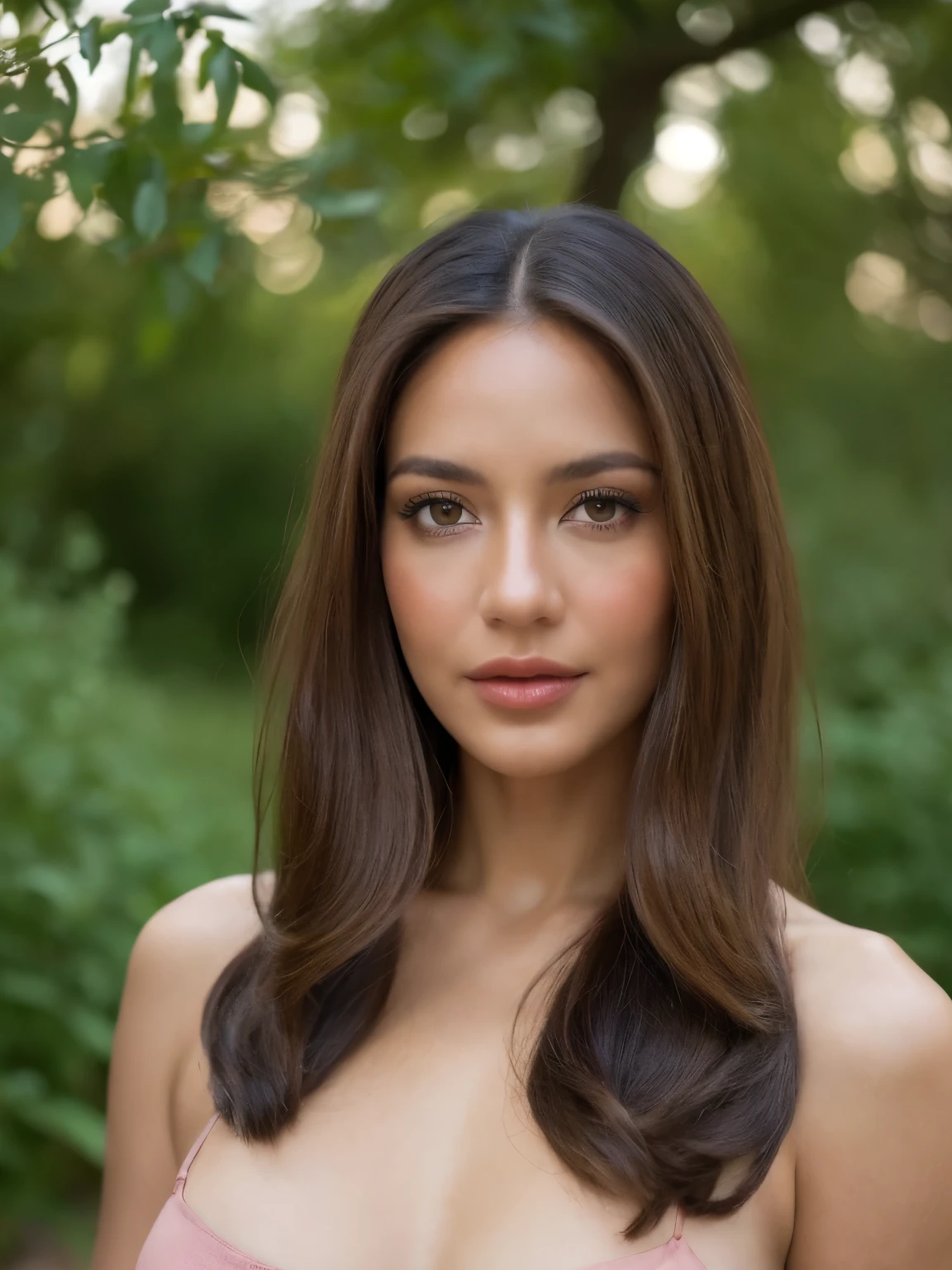 femme nue, cheveux jusq'au epaules, chatain, francaise, yeux marron, vue de face, dans la nature, ultra hd, real