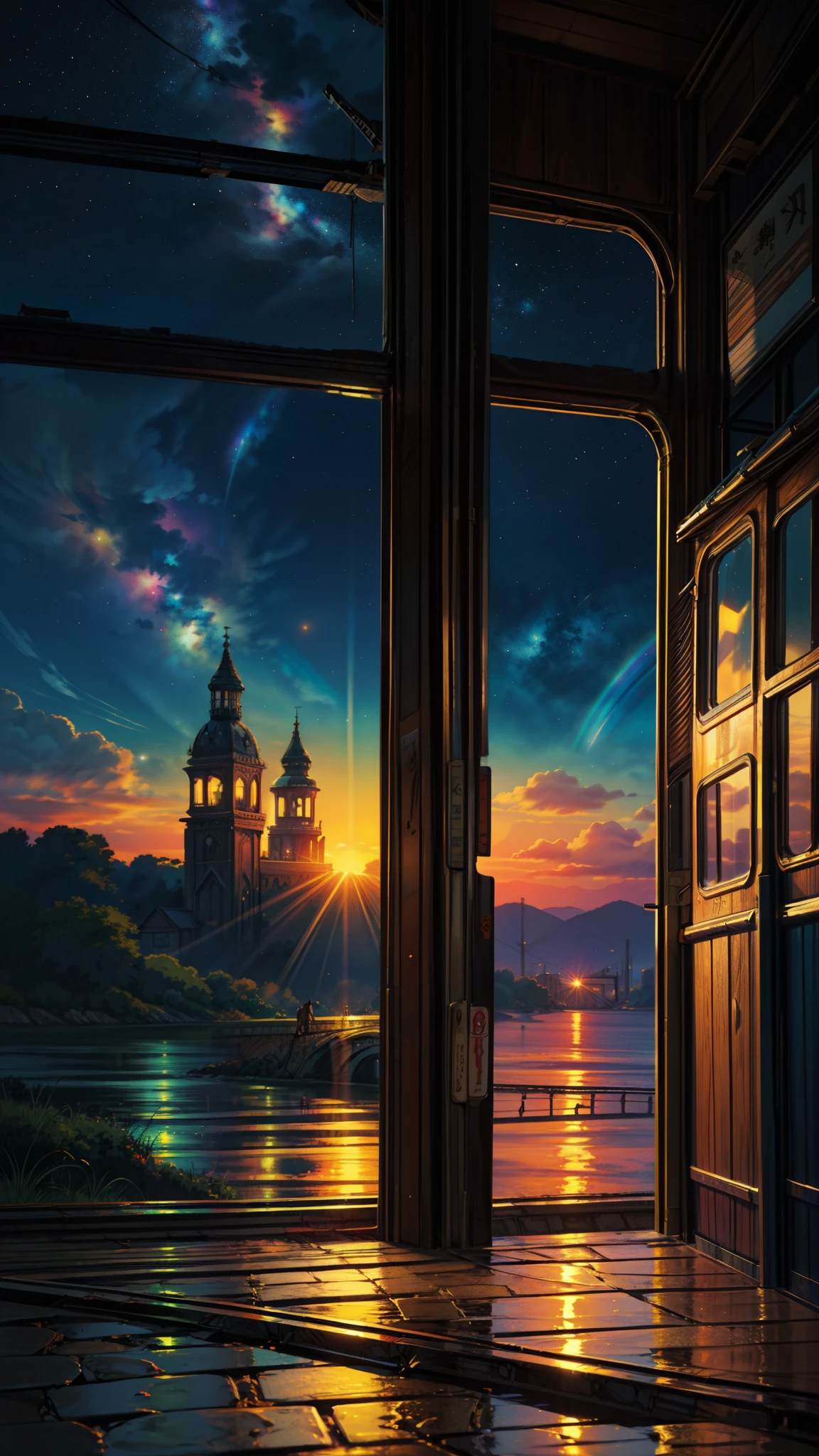 (papel de parede extremamente detalhado da unidade CG 8k), a obra de arte mais bonita do mundo , obra de arte, trilho de trem, trains station, perfeitamente detalhado, water on the tracks, bright starry sky, arte conceitual, arte lofi style, reflection, arte lofi, Paisagem de anime, detailed scenery, detalhes aprimorados. chill style, nobody, only landscape, galaxy sky, sunset, Rainbow, rainbow