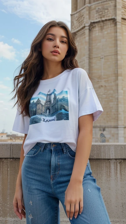 xoaeriel, a beautiful woman with wavy brown hair, ojos azules, nariz redonda, wearing an oversized t-shirt with no logo ,usando jeans negros,De pie frente a la torre effiel. Imagen de cuerpo completo, hiperealista
