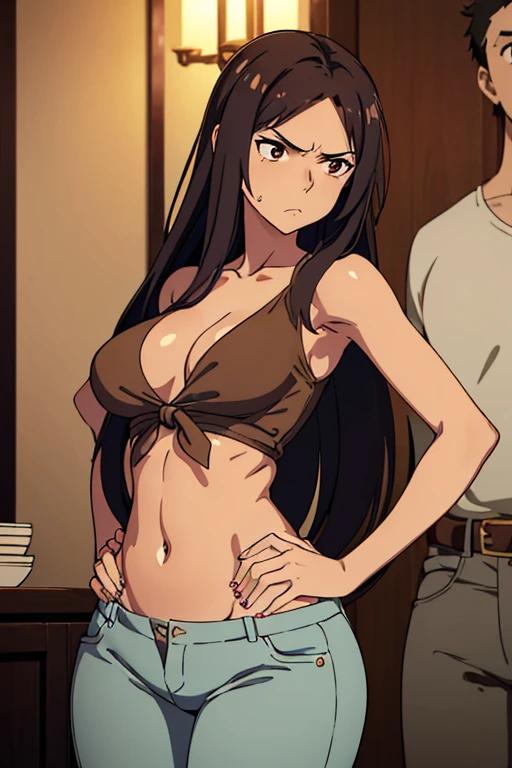 ((best quality)), ((masterpiece)), (detailed), perfect face, brown skin anime woman in a deep v neck tied top, (bare shoulders), (jeans trousers), famished in hunger, (gently resting hands on stomach), (long hair), (hands on her stomach), (slim woman), (shiny body), (shiny arms), her stomach growling, she is annoyed, (annoyed expression)