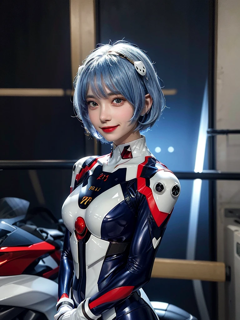 Masterpiece, highest quality, 8K, detailed skin texture, fine cloth texture, beautiful detailed face, intricate details, super detailed, portrait of Rei Ayanami, blue hair, red eyes, looking far away, no background, Evangelion Wearing a plug suit when riding, plug suit, whole body visible, standing, arms crossed, 15 years old, beautiful, cute, great style, smiling,composition that shows the whole body,