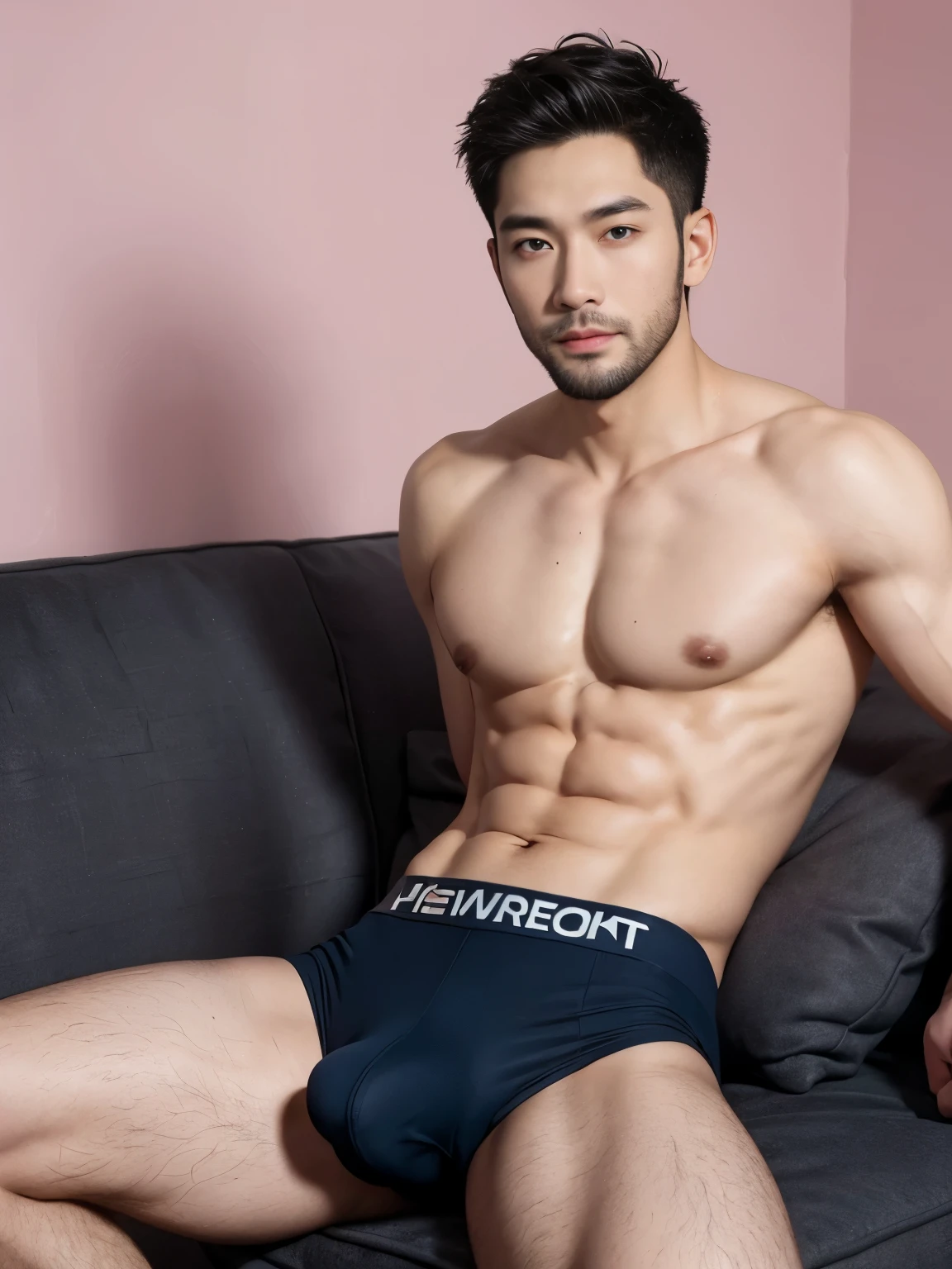 Handsome Asian, slight beard, beard, briefs, handsome asian guy, handsome boy, Full Body Shoot, full body, photoshoot, male underwear, briefs, portrait, look at camera, detailed facial parts, Manly, Charmer, Active Boy, sitting on sofa, spread legs, harness, happy expression, perfect anatomy, symmetric body, asian guy 30years old, shirtless :: high detail, asian, 6packs, six pack, slim body, realistic, human skin, Very beautiful hair, Perm Hair, handsome chad chin, shirtless, handsome, attractive, slightly muscular man, masculine, skinny, lean, lean muscle, sexually attractive, human skin, (eyes contact), Handsome, Attractive, bulge in briefs, The crotch is raised, pastel background