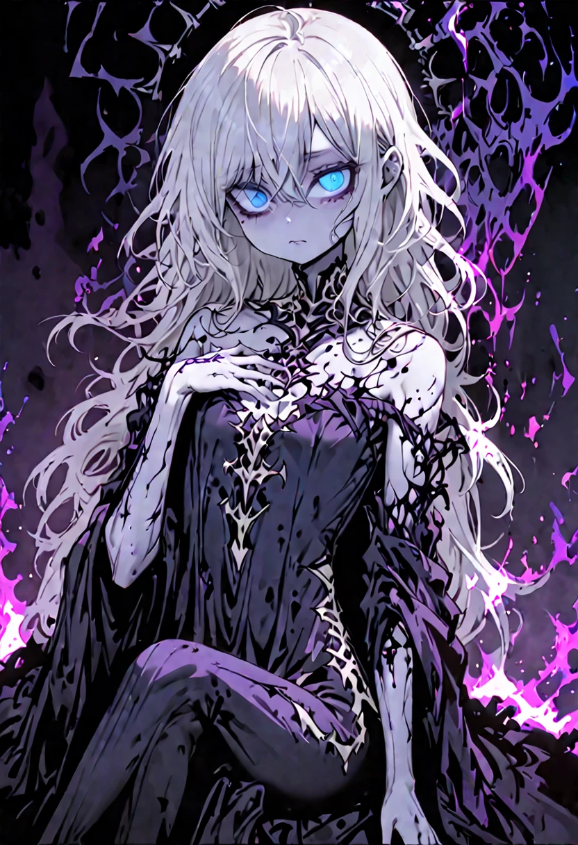 solo, female, pose, blue empty void eyes, long messy white hair, very pale skin:1.3, flat chest, slim, bored, tattered regal gown, black aura:.4, sfw, lich, magic