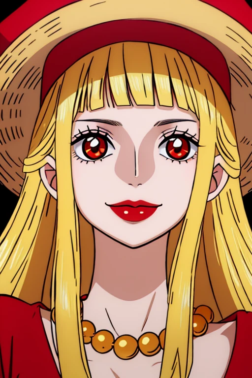 Beautiful anime girl, solo, 1girl, looking at viewer, cute,beautiful, red eyes, open hair, blonde hair, long hair, bangs, wearing a strawhat, Monkey D luffy's strawhat, one piece, smiling, smooth skin, light skin, red lips, golden earings, anime, best quality, masterpiece, extremely detailed, 4k, red eyes, beautiful red eyes, detailed face, detailed eyes, red dress, golden necklace
