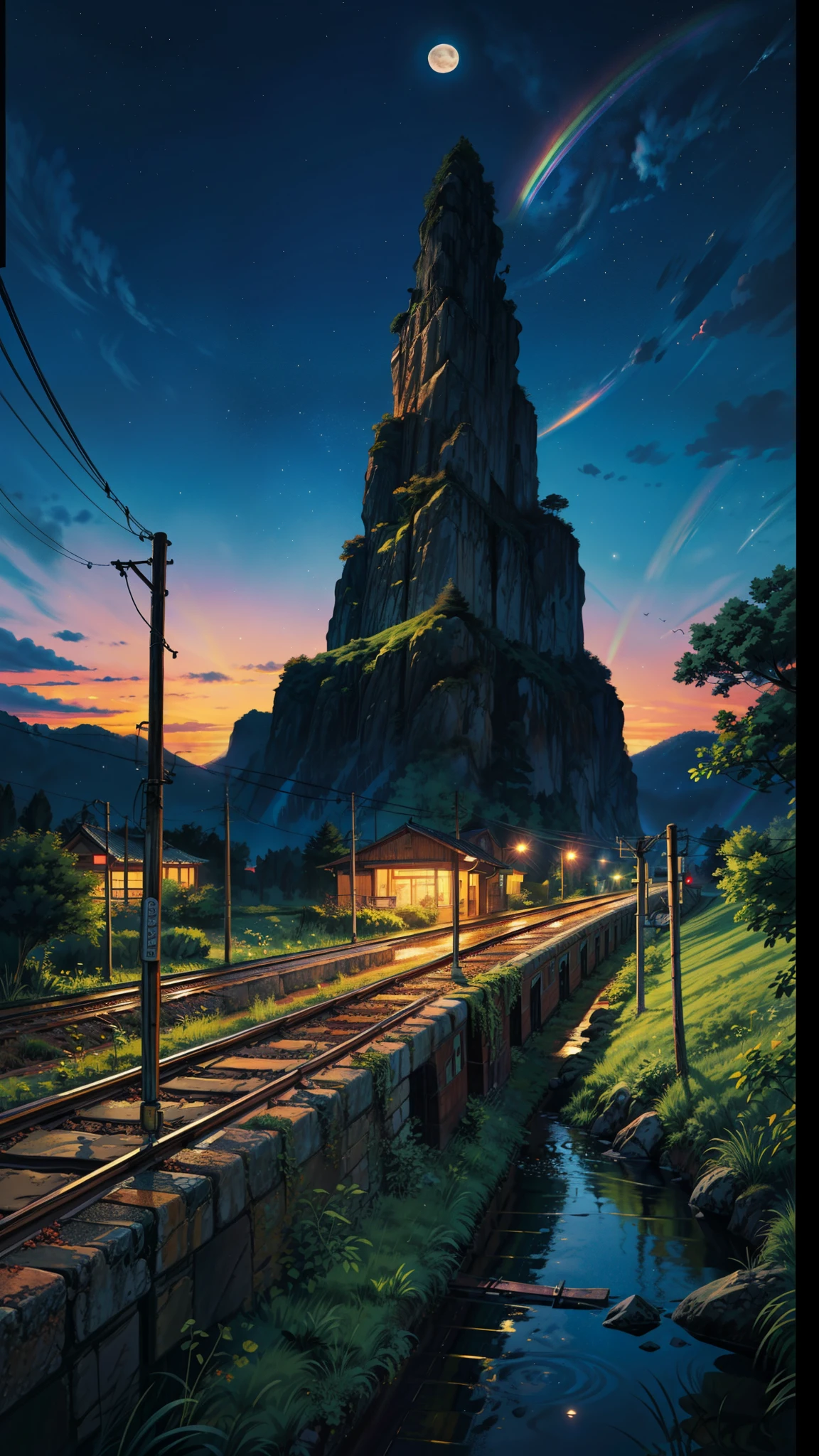 (papel de parede extremamente detalhado da unidade CG 8k), a obra de arte mais bonita do mundo , obra de arte, trilho de trem, trains station, perfeitamente detalhado, water on the tracks, bright starry sky, arte conceitual, arte lofi style, reflection, arte lofi, Paisagem de anime, detailed scenery, detalhes aprimorados. chill style, nobody, only landscape, galaxy sky, sunset, Rainbow, rainbow, an extremely large moon in the landscape sky